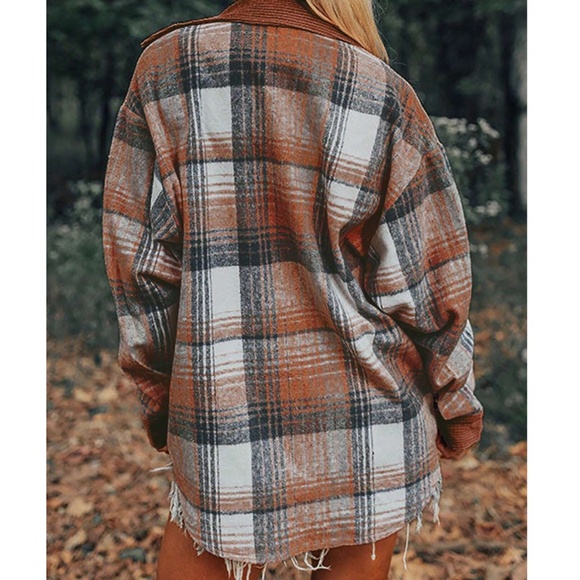 Cozy Plaid Print Corduroy Button Down Jacket Shacket - Picture 2 of 4